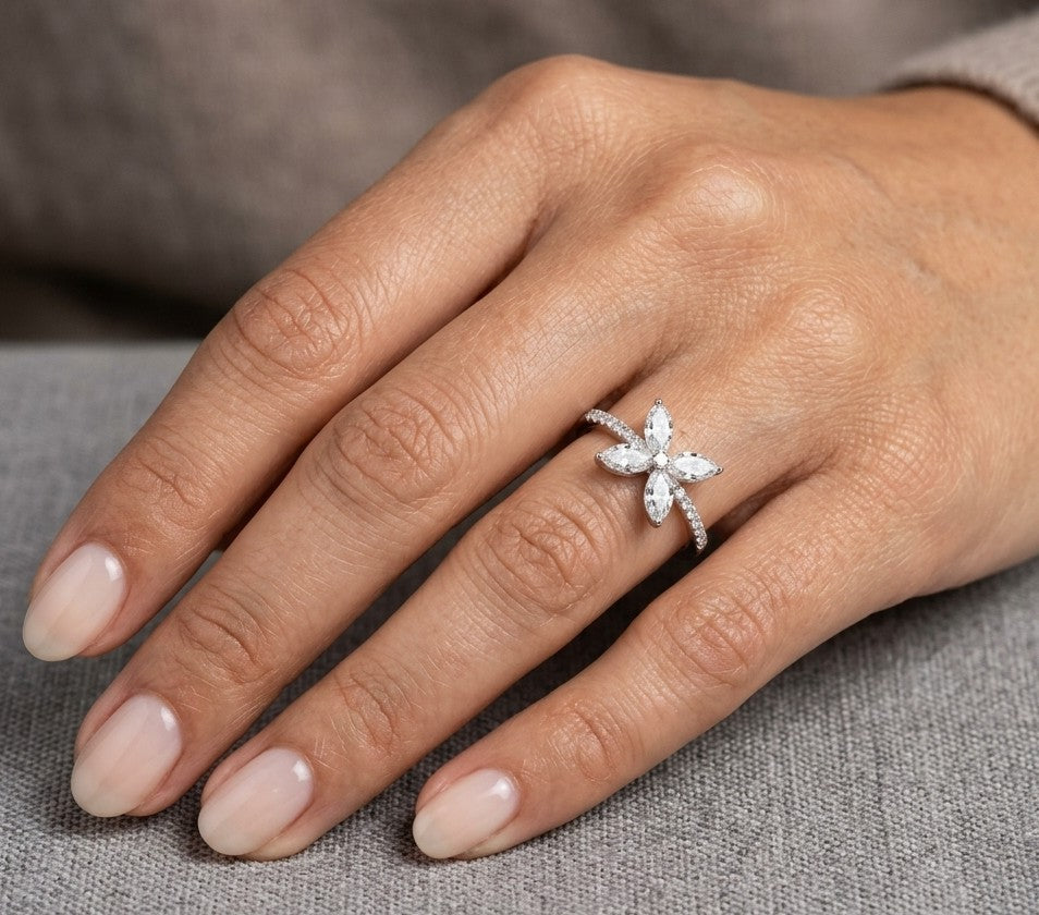 Marquise diamond butterfly ring in 18K white gold with diamond band