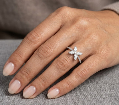 Marquise diamond butterfly ring in 18K white gold with diamond band