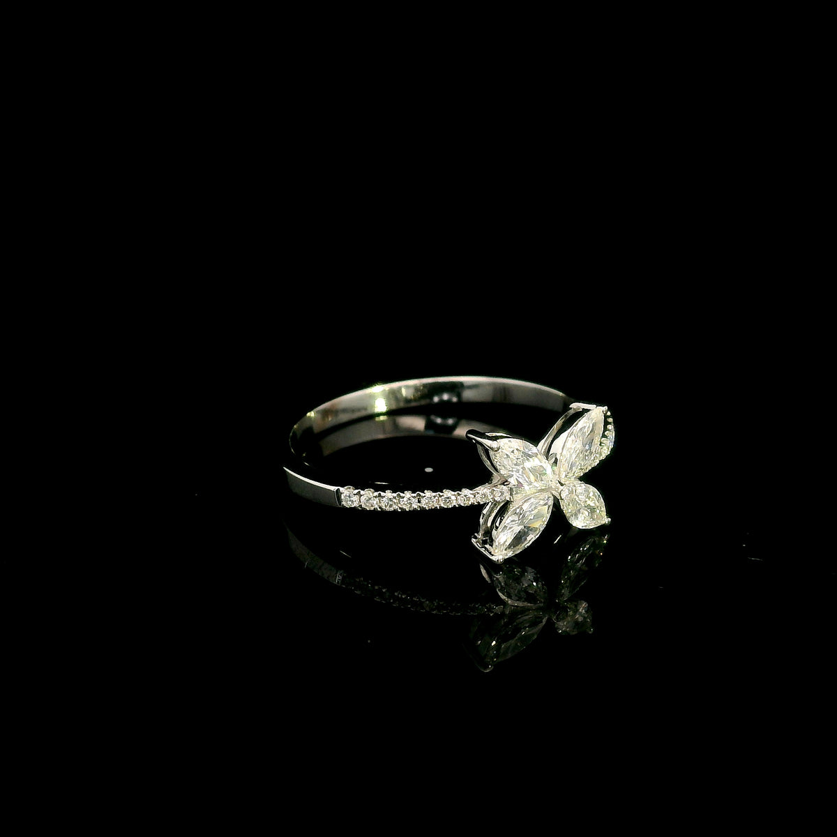 Marquise diamond butterfly ring in 18K white gold with diamond band