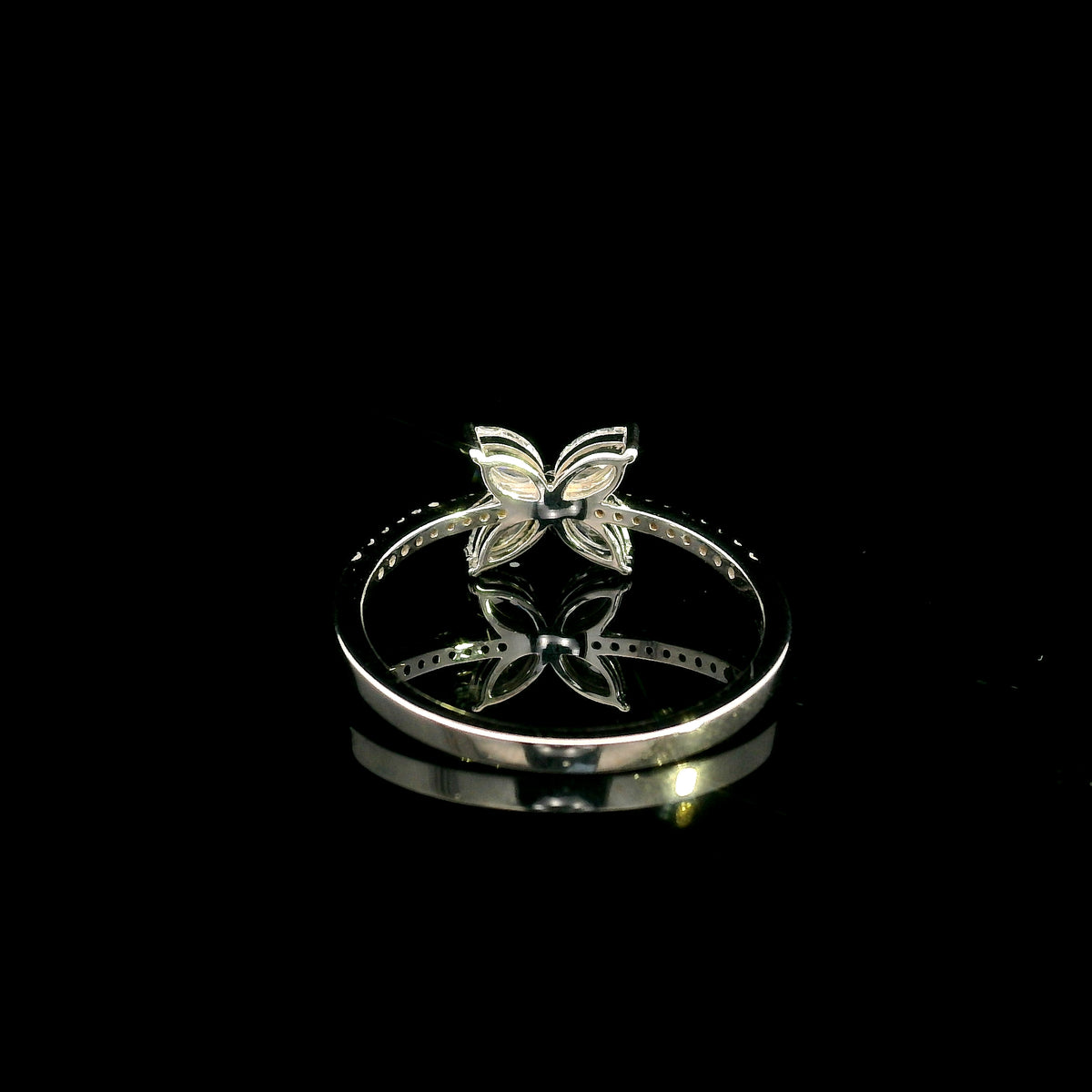Marquise diamond butterfly ring in 18K white gold with diamond band