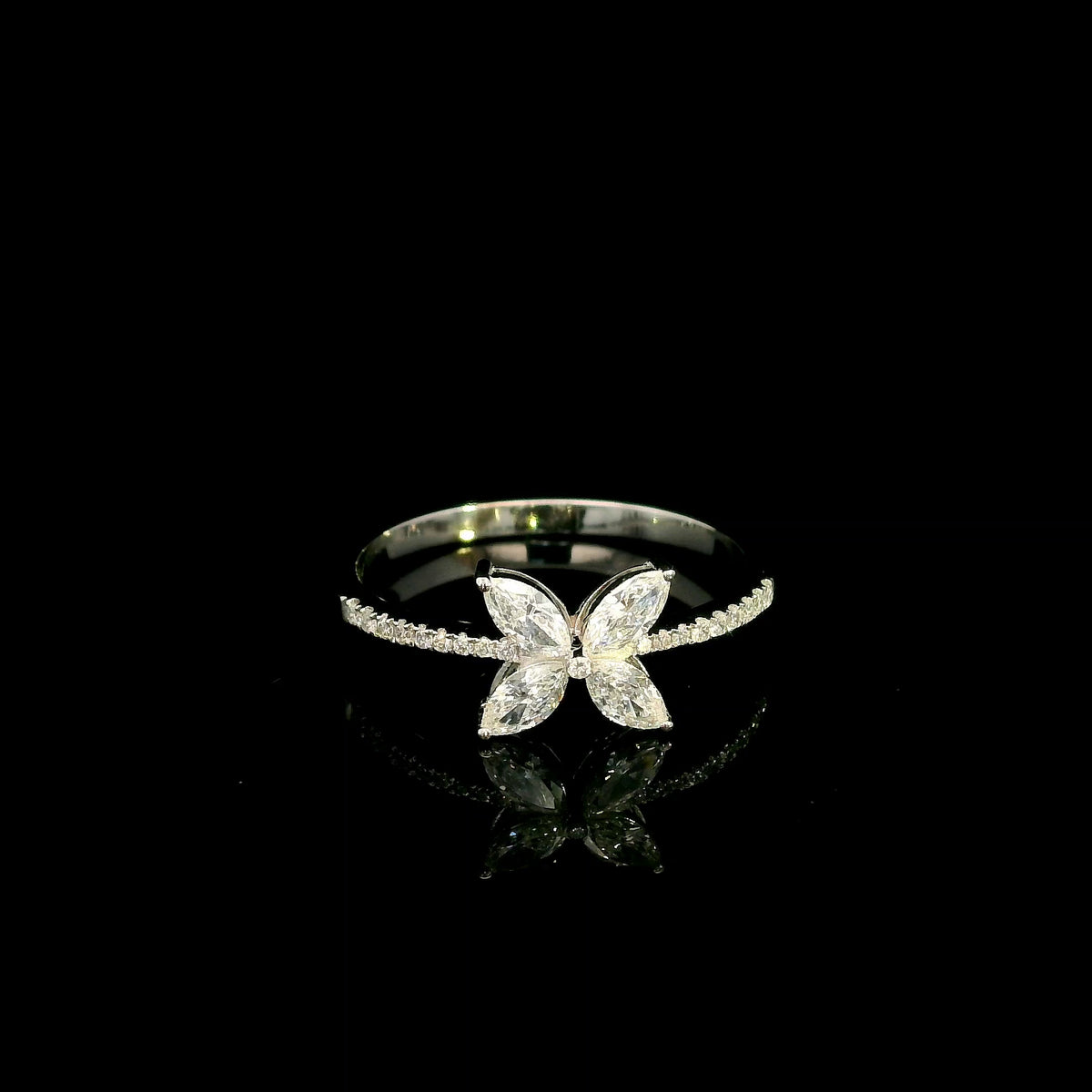 Marquise diamond butterfly ring in 18K white gold with diamond band