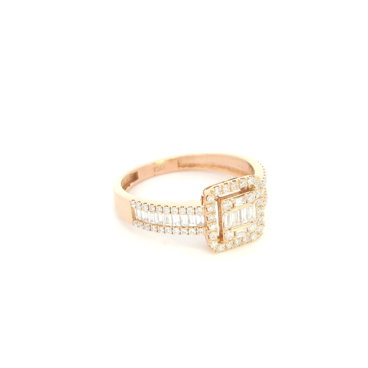 18K rose gold statement ring featuring baguette and round diamonds in a rectangular geometric design