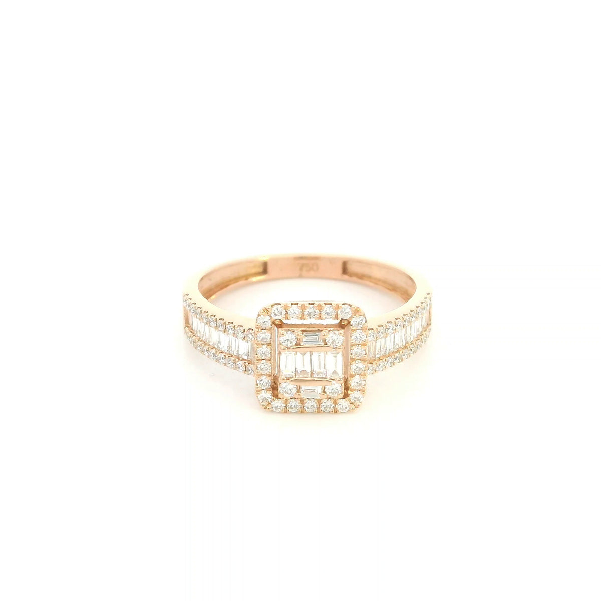 18K rose gold statement ring featuring baguette and round diamonds in a rectangular geometric design