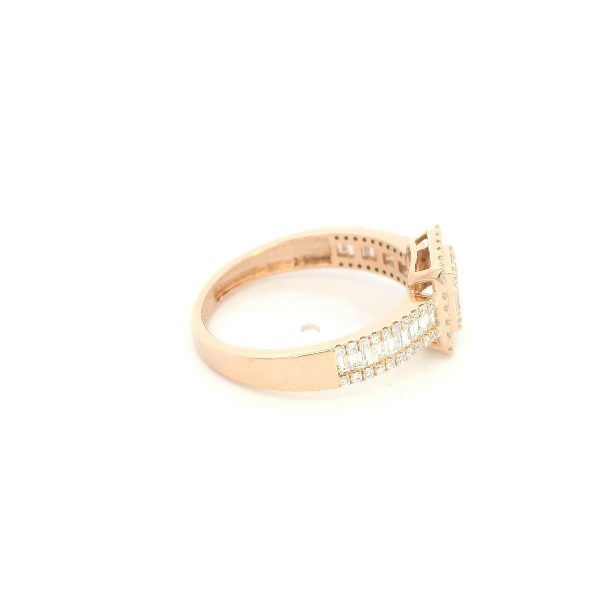 18K rose gold statement ring featuring baguette and round diamonds in a rectangular geometric design
