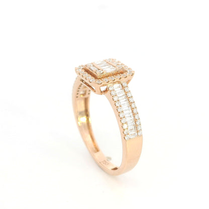 18K rose gold statement ring featuring baguette and round diamonds in a rectangular geometric design