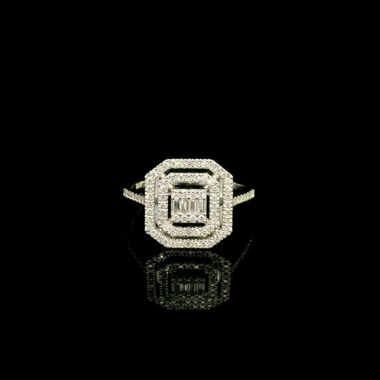 Baguette and round diamond halo ring in 18K white gold