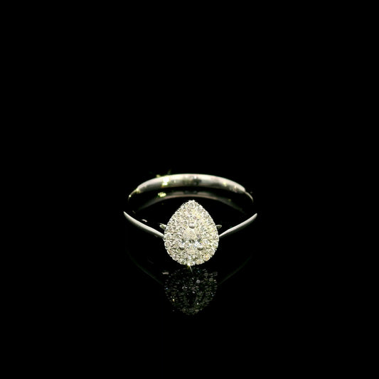 Pear shaped diamond halo ring in 18K white gold with round diamond halo