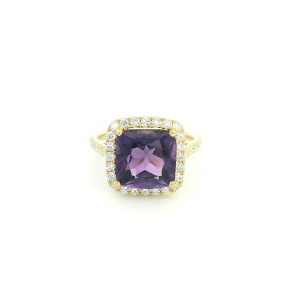 18K yellow gold cushion amethyst and diamond halo ring with purple amethyst, round diamond surround and diamond-set band