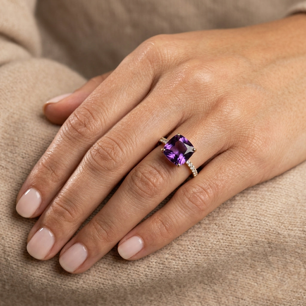 Cushion cut purple amethyst and diamond ring in 18K white gold