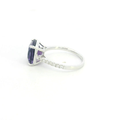 Cushion cut purple amethyst and diamond ring in 18K white gold