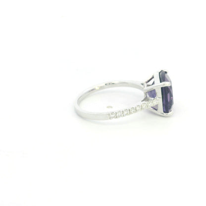 Cushion cut purple amethyst and diamond ring in 18K white gold