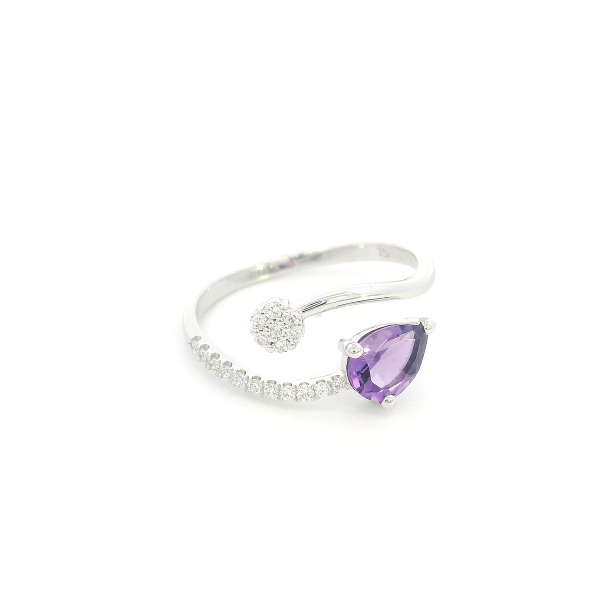 Amethyst and diamond ring in 18K white gold with pear shaped amethyst, diamond cluster and open band
