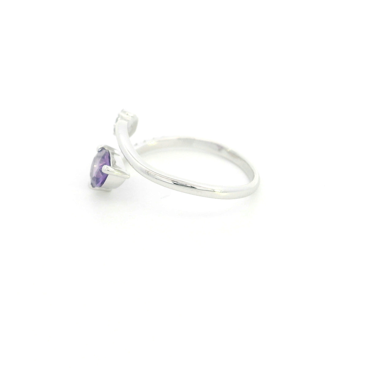 Amethyst and diamond ring in 18K white gold with pear shaped amethyst, diamond cluster and open band