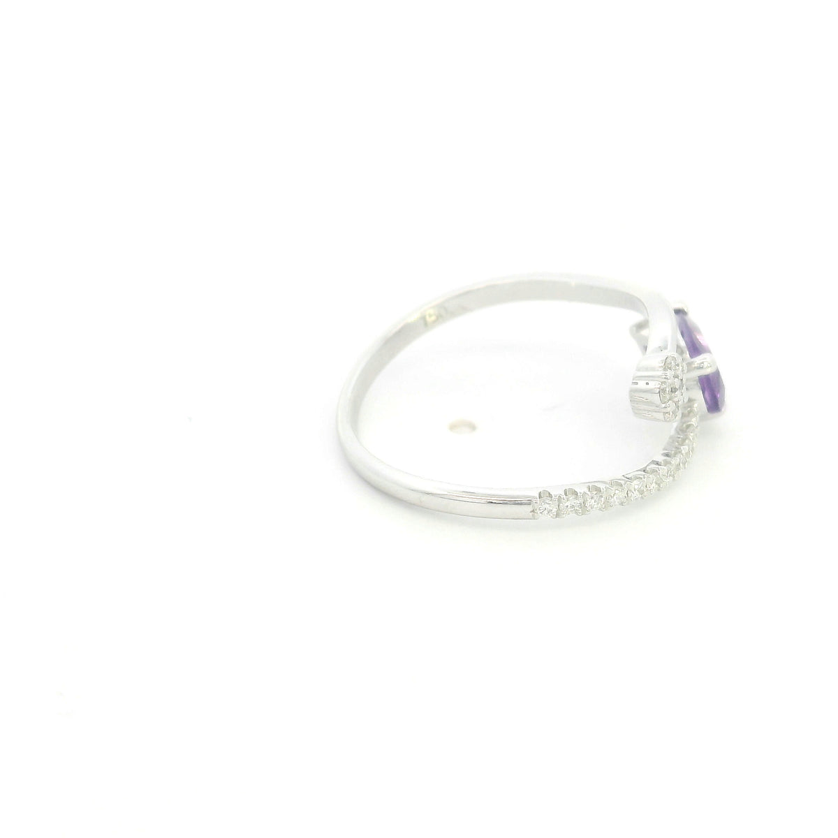 Amethyst and diamond ring in 18K white gold with pear shaped amethyst, diamond cluster and open band