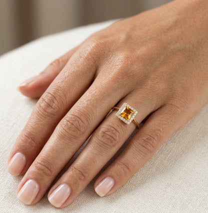 Square citrine ring with diamond halo in 18K yellow gold