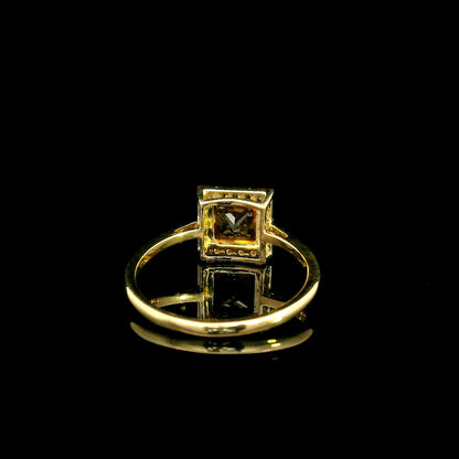 Square citrine ring with diamond halo in 18K yellow gold