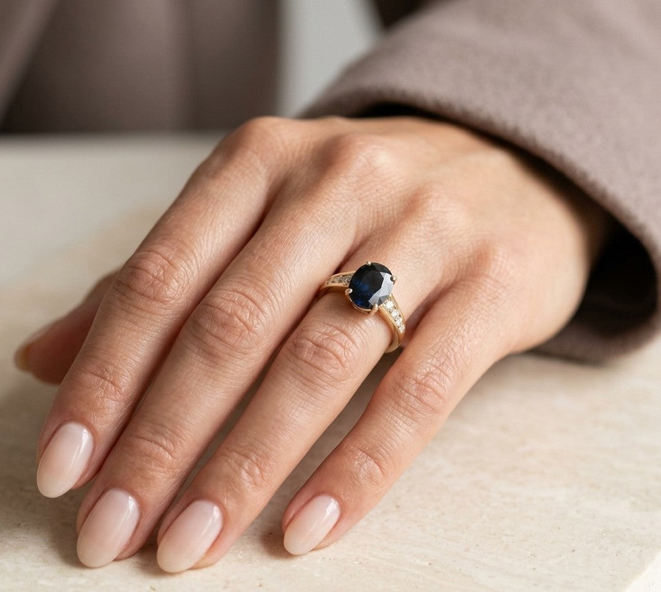 Blue sapphire and diamond ring in 18K yellow gold featuring an oval blue sapphire with round brilliant diamond-set shoulders.