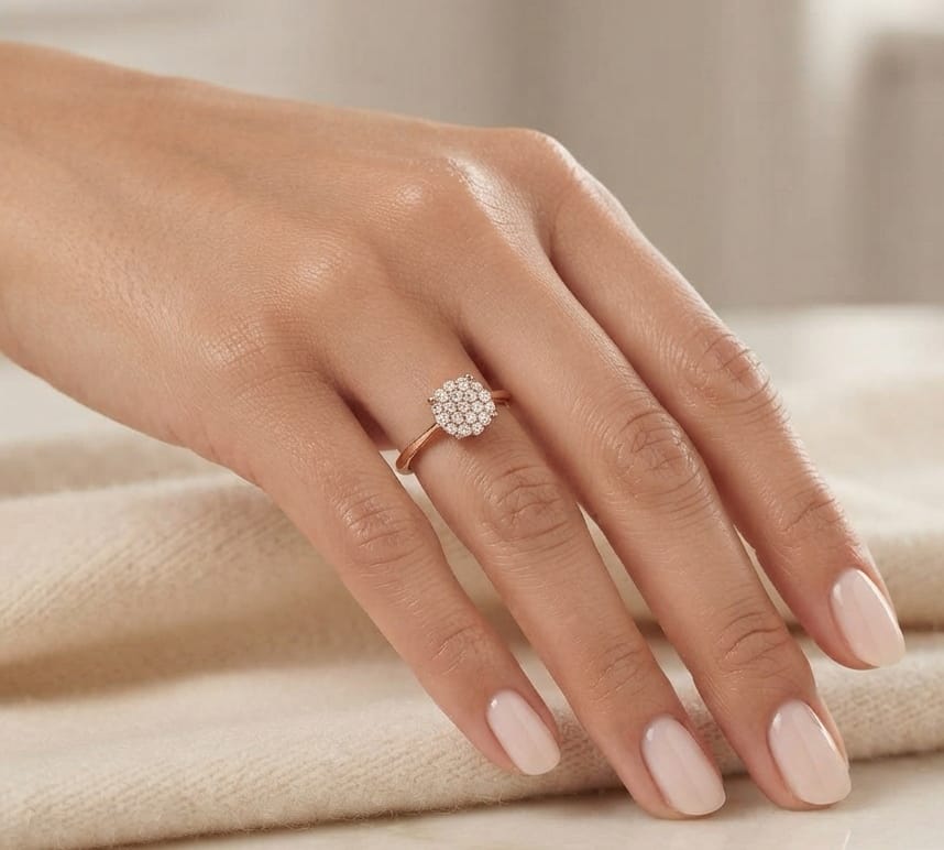 Diamond cluster ring in 18K rose gold featuring round brilliant diamonds arranged across a delicate polished band.