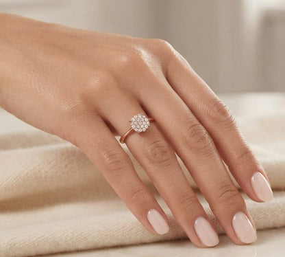 Diamond cluster ring in 18K rose gold featuring round brilliant diamonds arranged across a delicate polished band.
