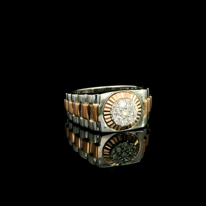 Men’s diamond ring in 18K white and rose gold with circular diamond centre and two-tone wide band
