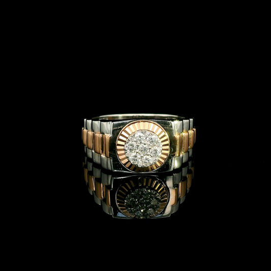 Men’s diamond ring in 18K white and rose gold with circular diamond centre and two-tone wide band
