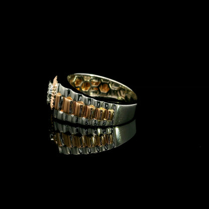 Men’s diamond ring in 18K white and rose gold with circular diamond centre and two-tone wide band