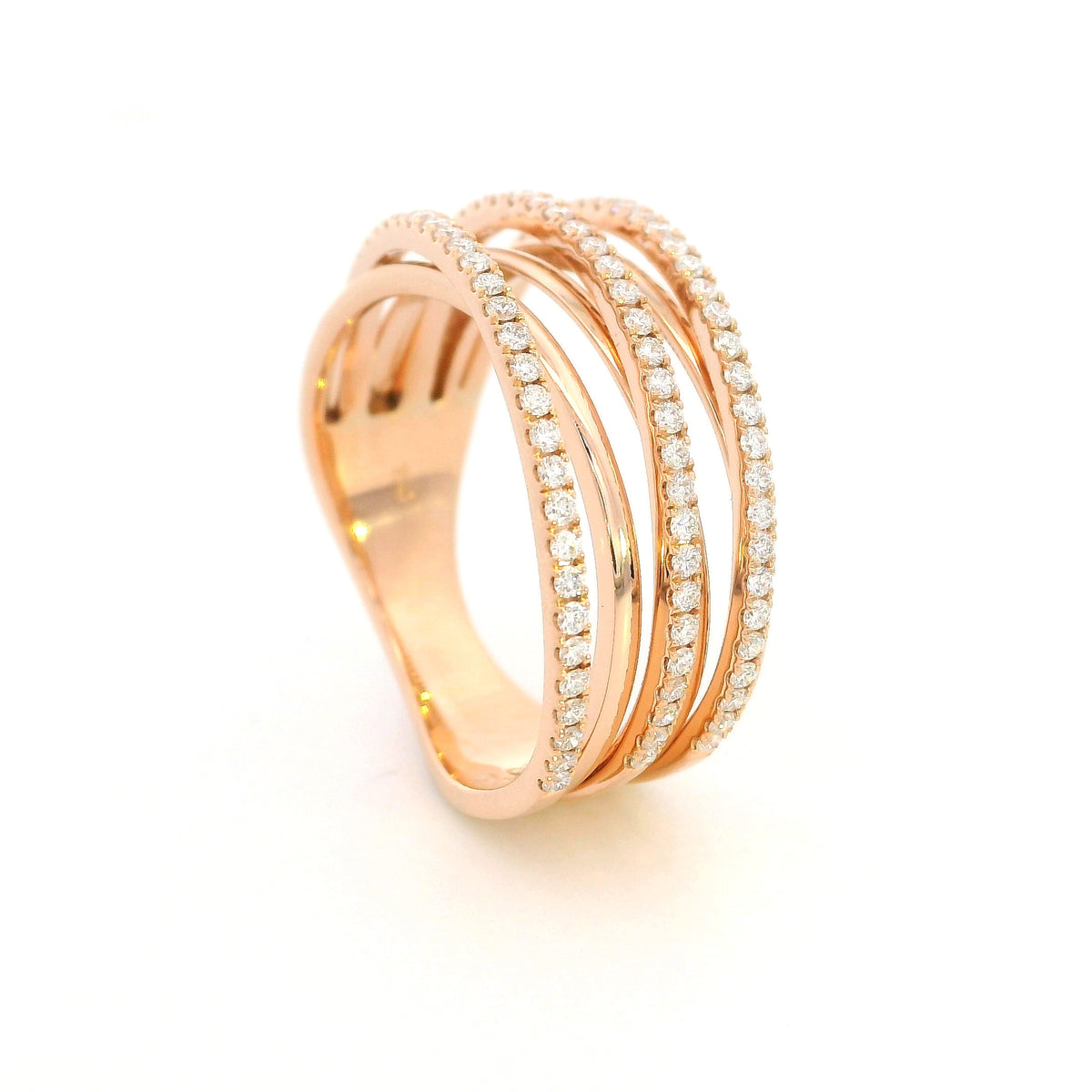 Diamond crossover wrap ring in 18K rose gold with multi-row diamond design