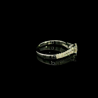 Round diamond split shank engagement ring in 18K white gold with diamond-set band