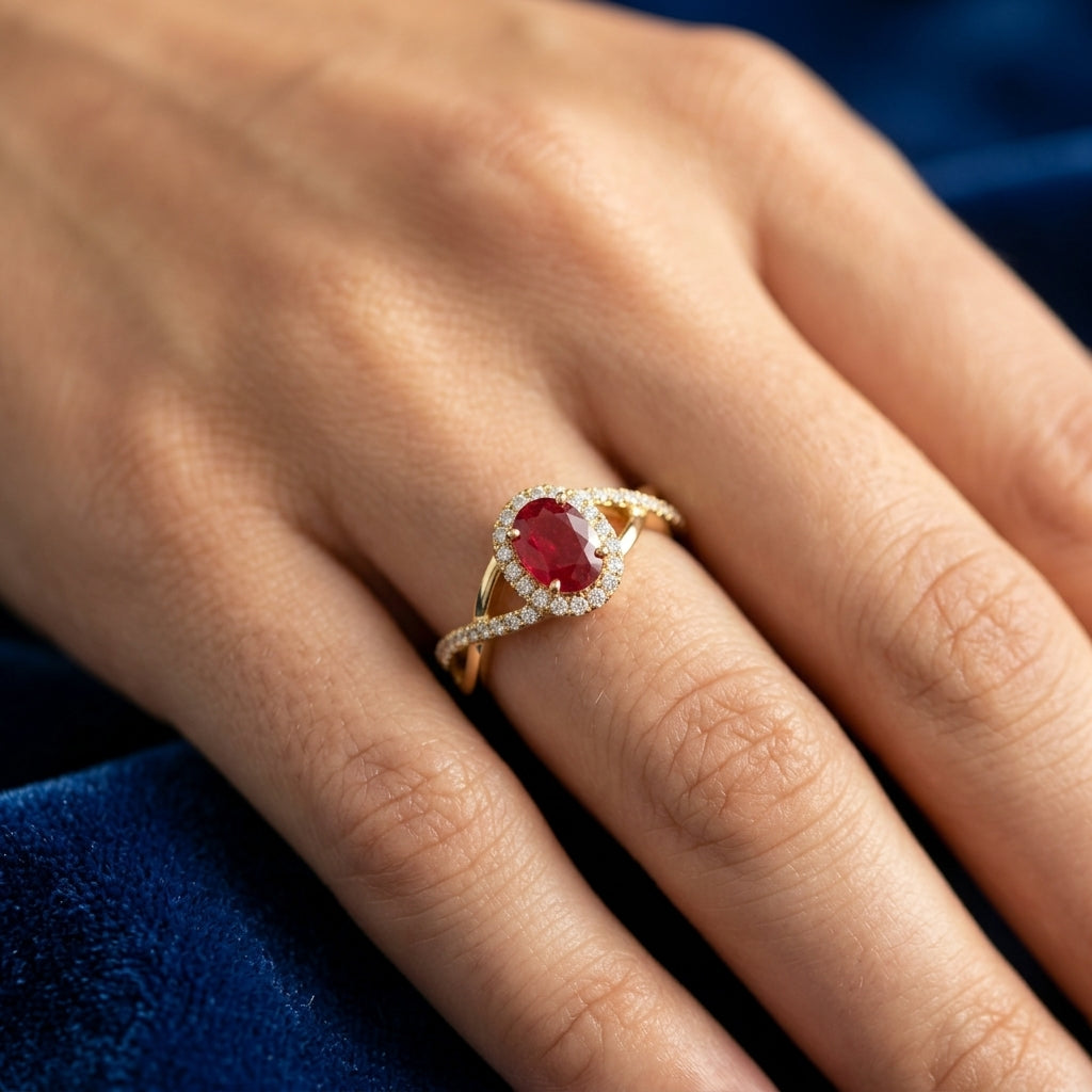 Ruby and diamond ring in 18K yellow gold with oval ruby, diamond halo and crossover band