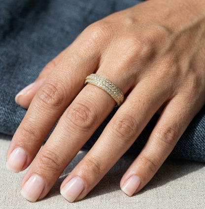 Three row diamond band ring in 18K yellow gold with round diamonds