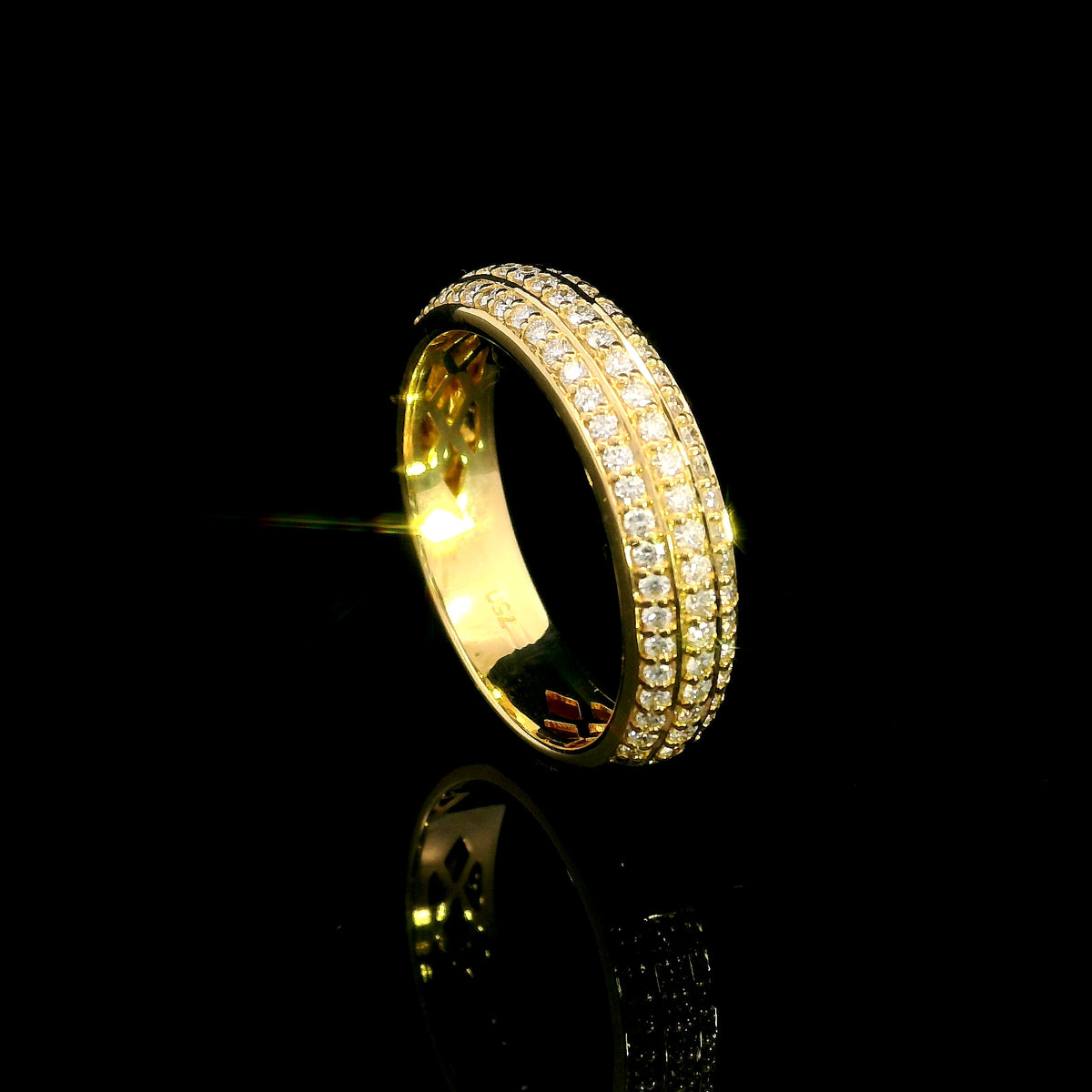 Three row diamond band ring in 18K yellow gold with round diamonds