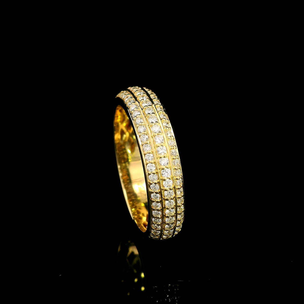Three row diamond band ring in 18K yellow gold with round diamonds