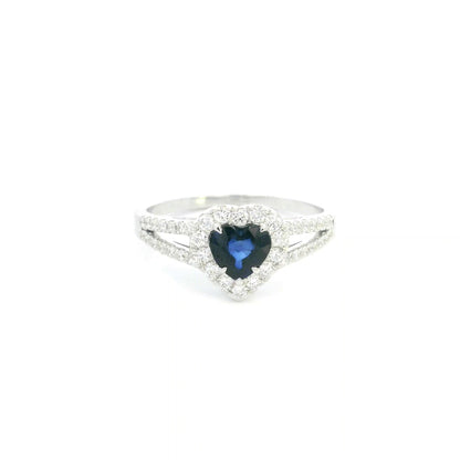 Heart shaped blue sapphire and diamond ring in 18K white gold with diamond split band