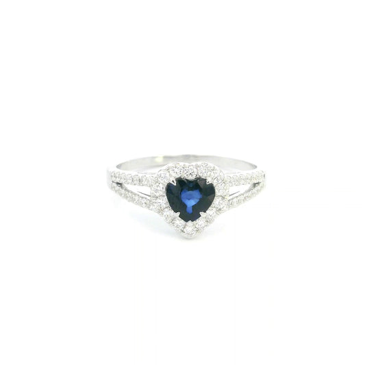 Heart shaped blue sapphire and diamond ring in 18K white gold with diamond split band