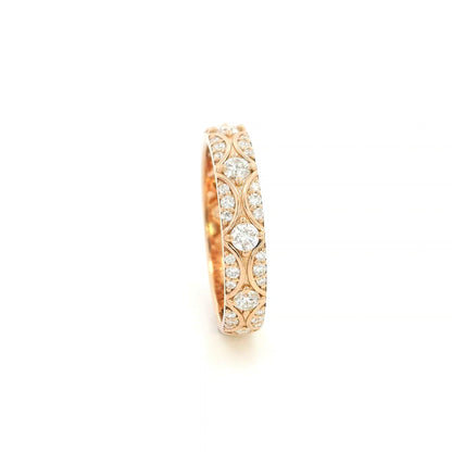 Vintage-style diamond eternity band in 18K rose gold with round diamonds and intricate curved detailing