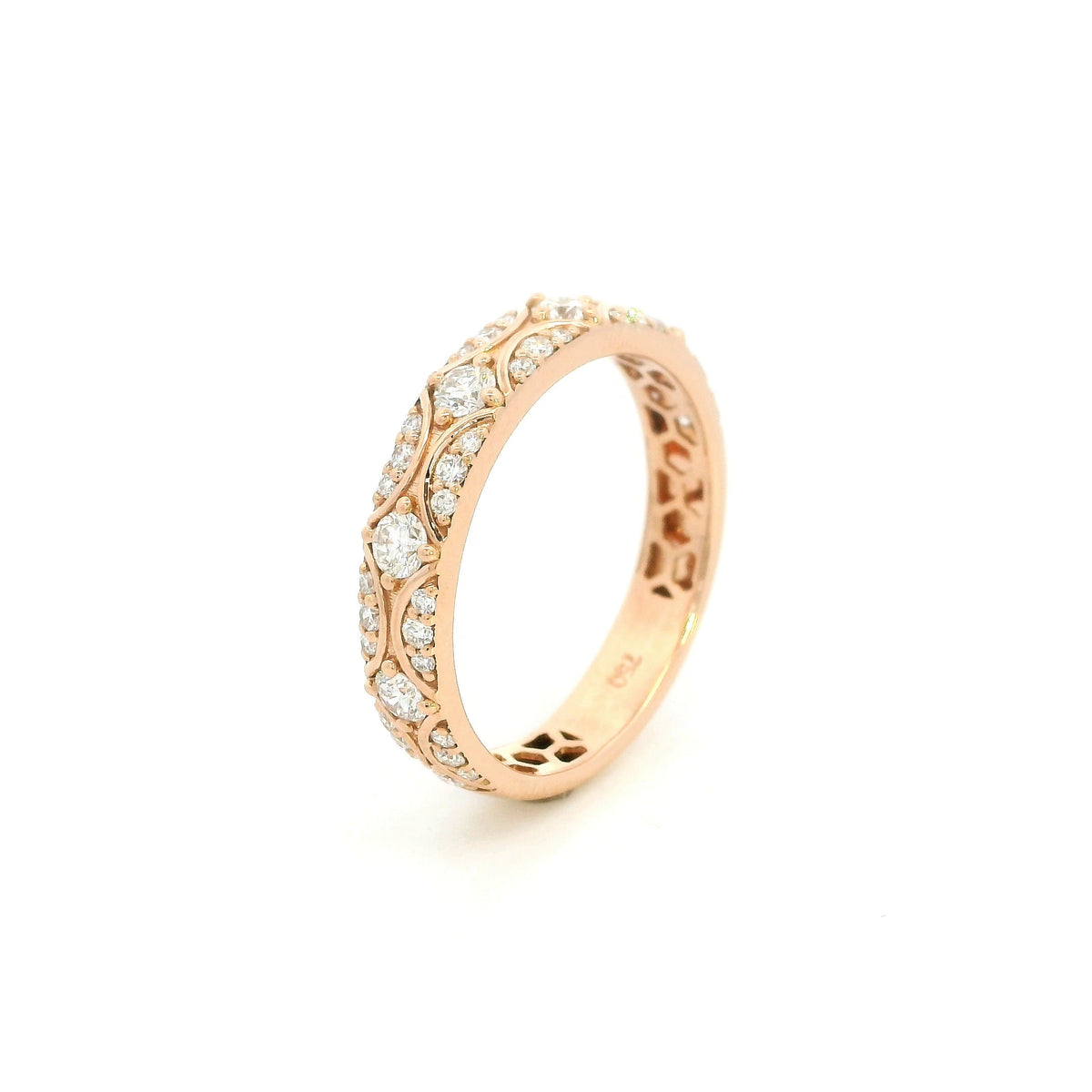 Vintage-style diamond eternity band in 18K rose gold with round diamonds and intricate curved detailing