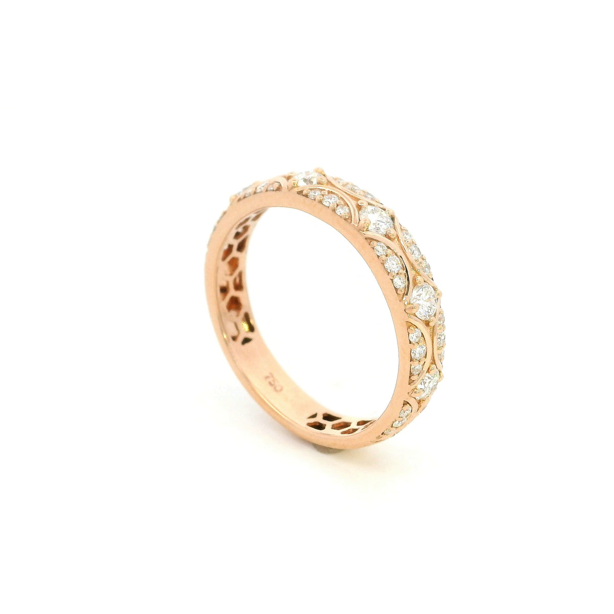 Vintage-style diamond eternity band in 18K rose gold with round diamonds and intricate curved detailing