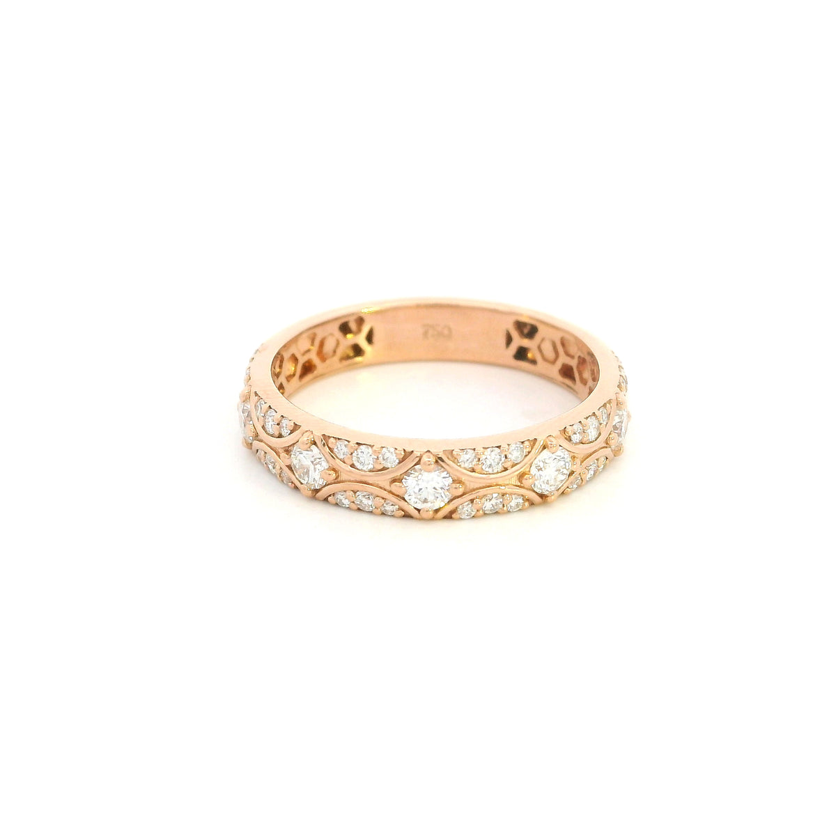 Vintage-style diamond eternity band in 18K rose gold with round diamonds and intricate curved detailing