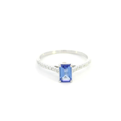 Tanzanite bridal set in 18K white gold with emerald cut tanzanite engagement ring and diamond wedding band
