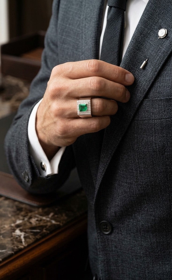Men’s emerald and diamond statement ring in 18K white gold with rectangular green emerald and diamond surround.