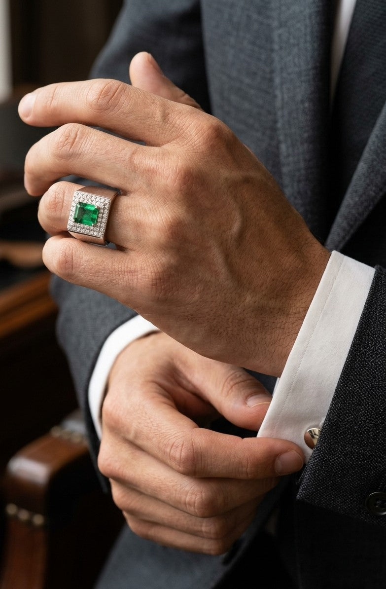 Men’s emerald and diamond statement ring in 18K white gold with rectangular green emerald and diamond surround.