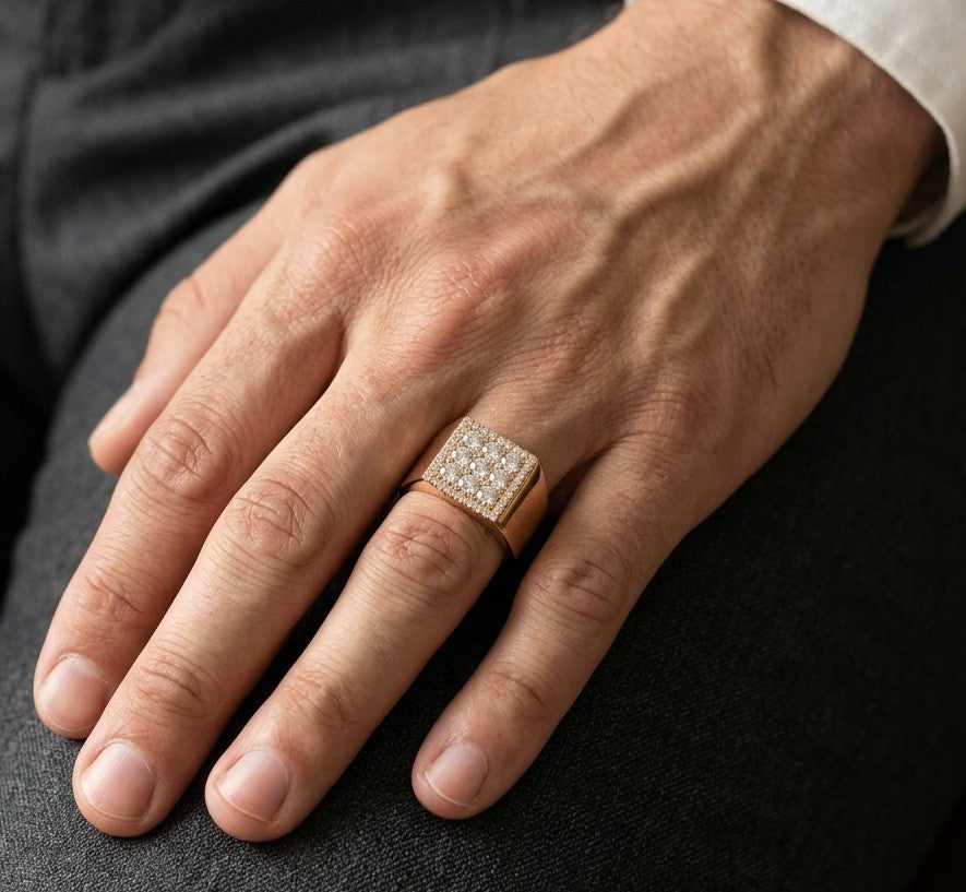 Men’s diamond ring in 18K yellow gold with square round diamond cluster and wide polished band