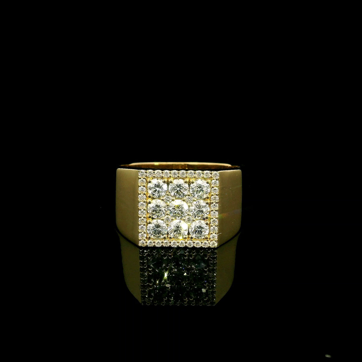 Men’s diamond ring in 18K yellow gold with square round diamond cluster and wide polished band