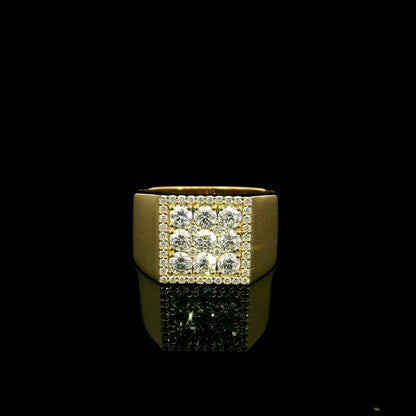 Men’s diamond ring in 18K yellow gold with square round diamond cluster and wide polished band