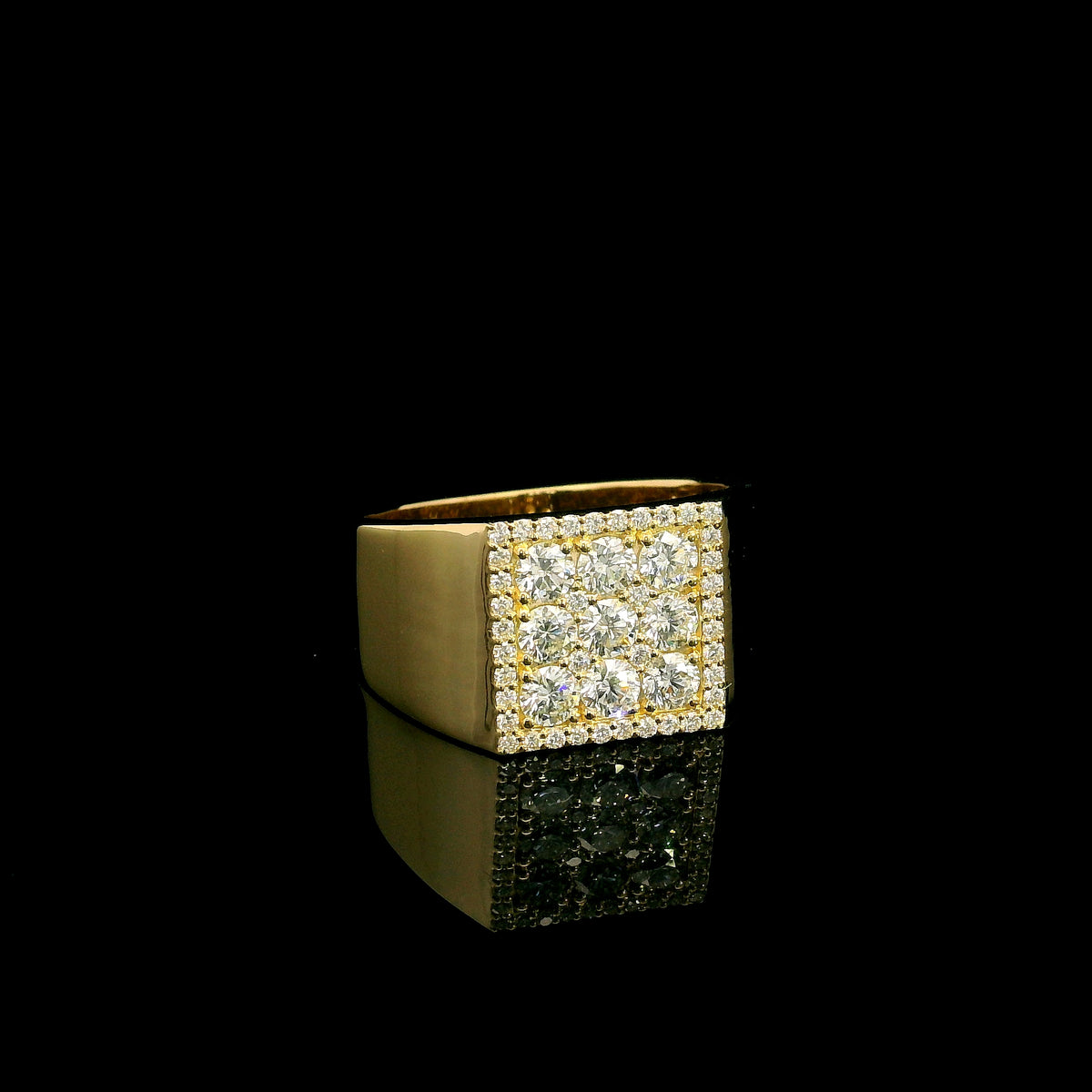 Men’s diamond ring in 18K yellow gold with square round diamond cluster and wide polished band
