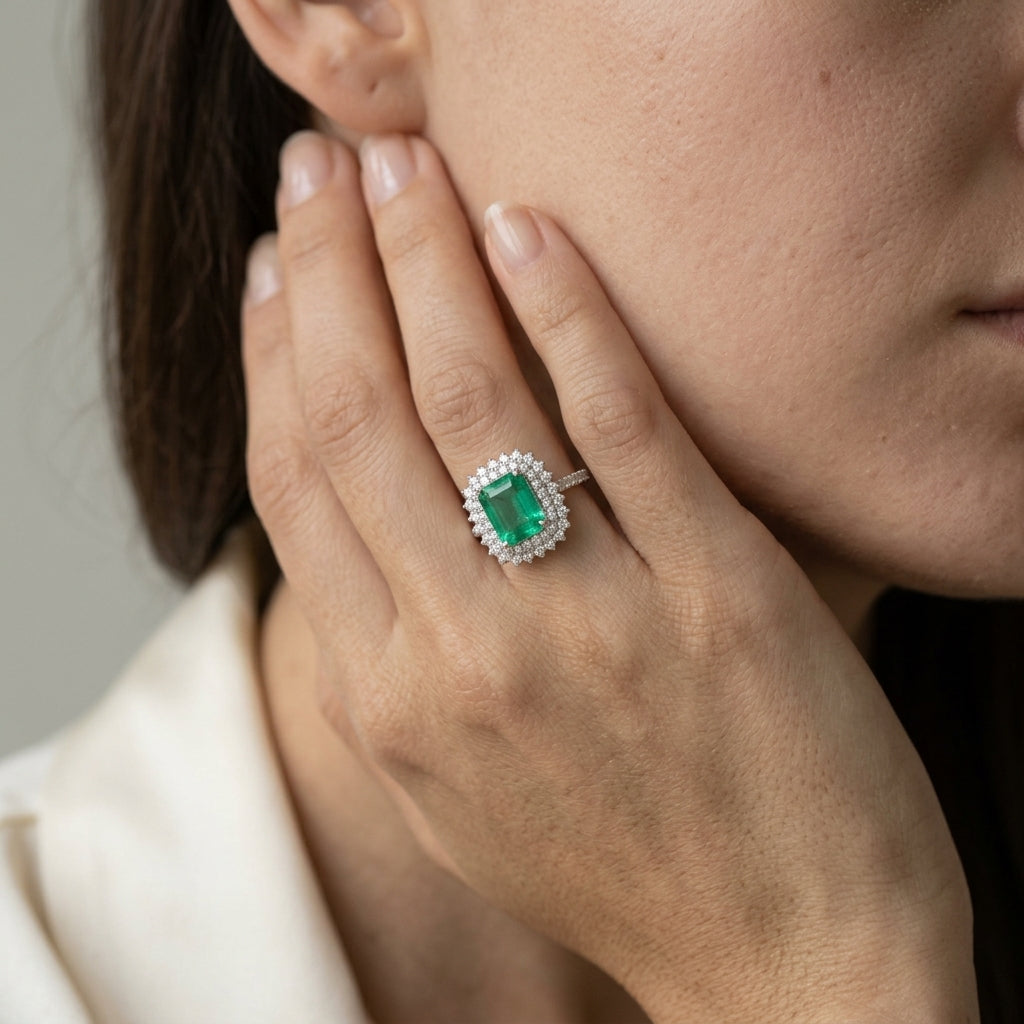 Emerald and Diamond Halo Ring in 18K White Gold
