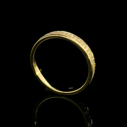 Double row diamond band ring in 18K yellow gold featuring two rows of round diamonds framed by polished gold edges.