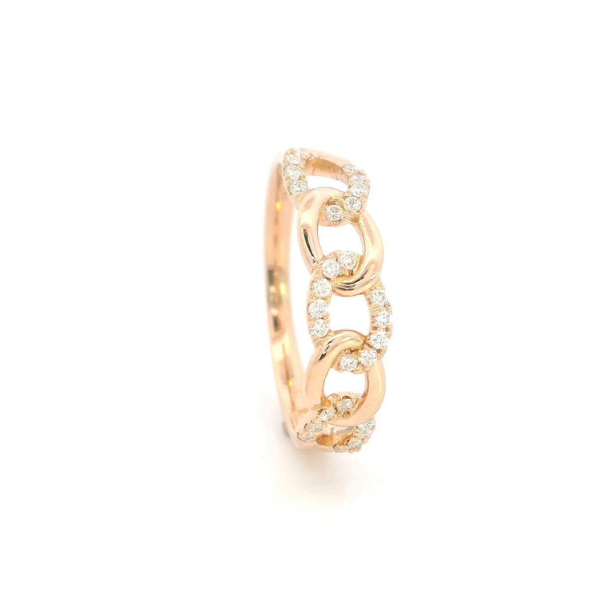 18K rose gold diamond loop ring with repeating polished and diamond-set curved motifs.