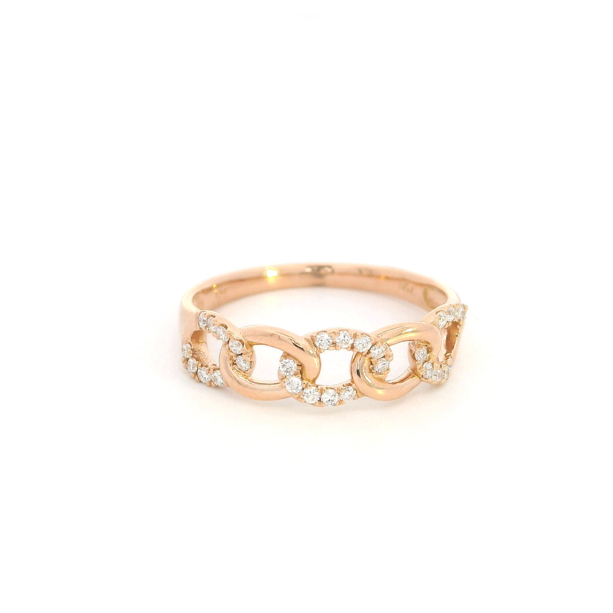 18K rose gold diamond loop ring with repeating polished and diamond-set curved motifs.
