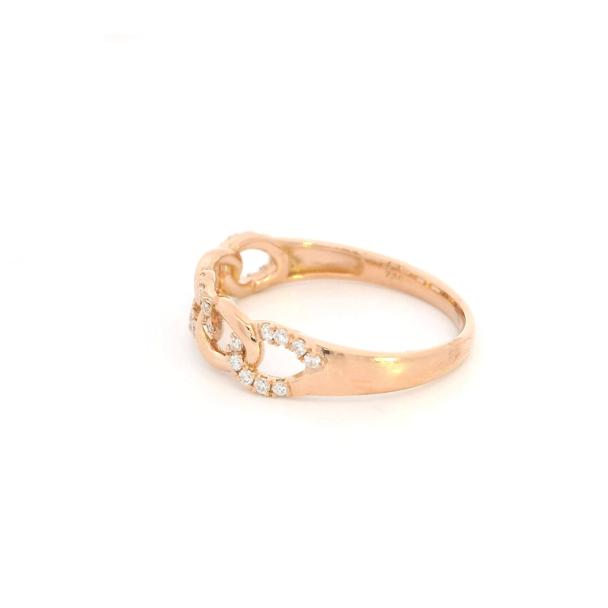 18K rose gold diamond loop ring with repeating polished and diamond-set curved motifs.